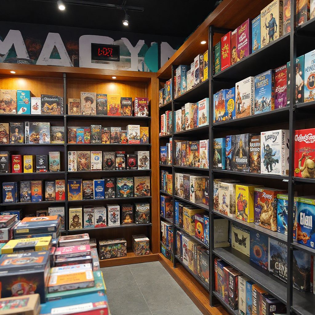 Intérieur magasin avec étagères de jeux